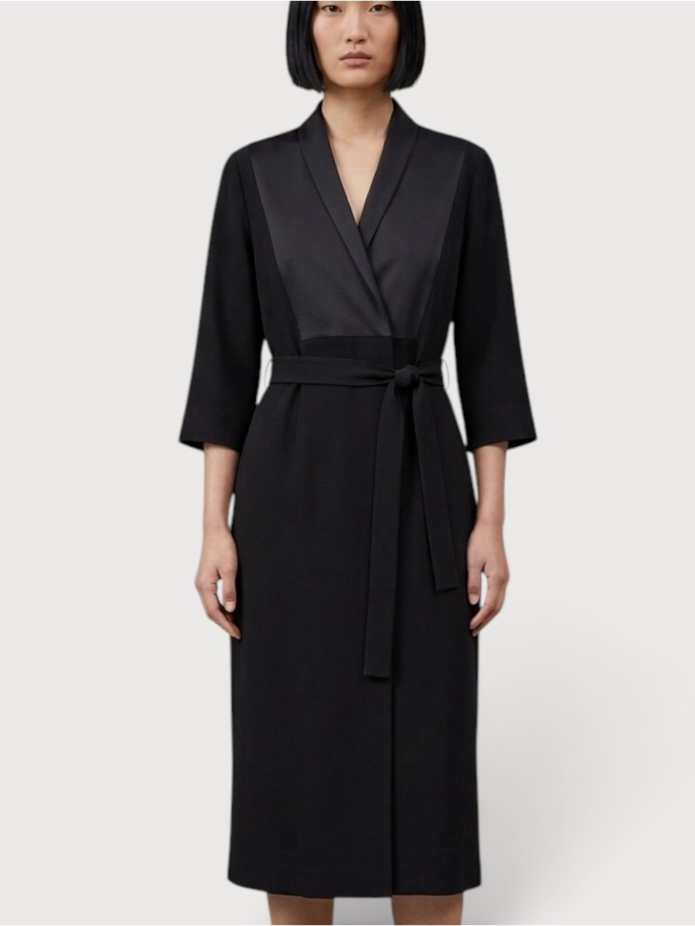 COS Asymmetrical Belted Midi Shirtdress Minimalist Chic Size 6 Black 3/4 Sleeves